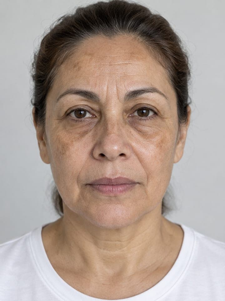 Simulación: mujer de unos 56 años con manchas de sol, líneas marcadas y ojeras, con el análisis de su cara encima