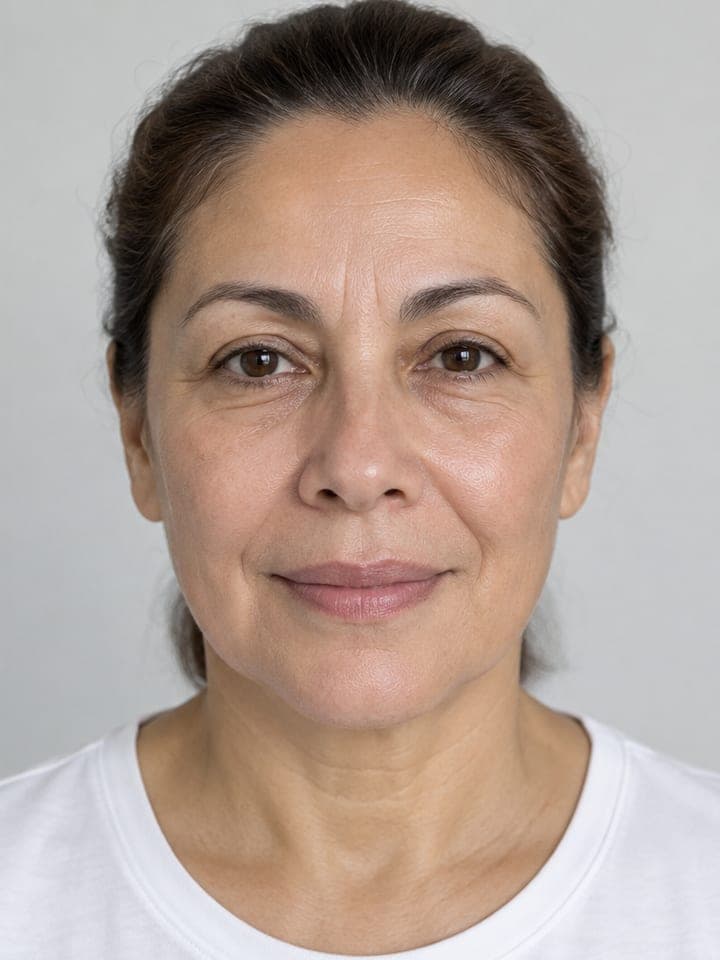 Simulación: la misma mujer con la piel más pareja, las líneas más suaves y menos ojeras